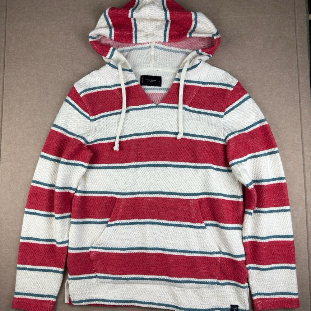 Lucky Brand Hoodie Men M Red White Blue Striped Baja Pullover Sweater Knit